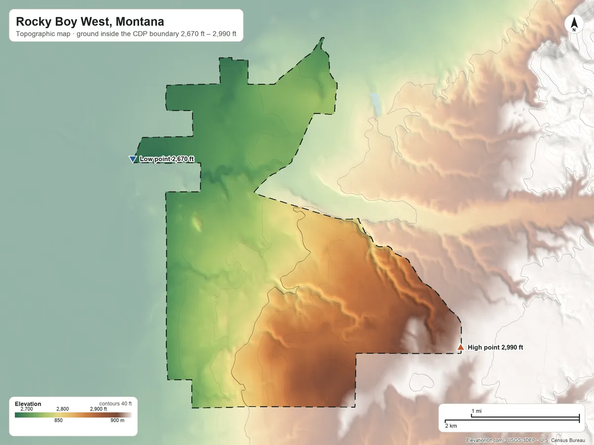Topographic elevation map of Rocky Boy West, Montana, shaded from 2,670 ft on the northwest side to 2,990 ft on the southeast side