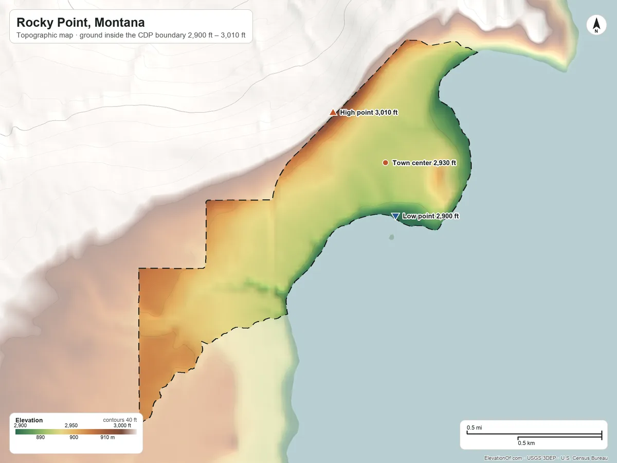 Topographic elevation map of Rocky Point, Montana, shaded from 2,900 ft on the south side to 3,010 ft on the northwest edge, below higher ground just outside