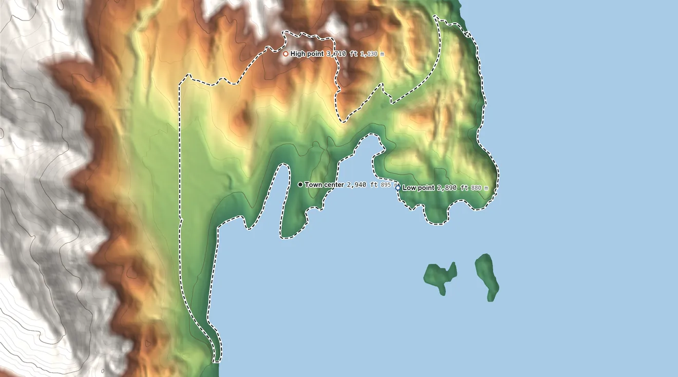 Topographic elevation map of Rollins, Montana, shaded from 2,890 ft on the east side to 3,710 ft on the north side