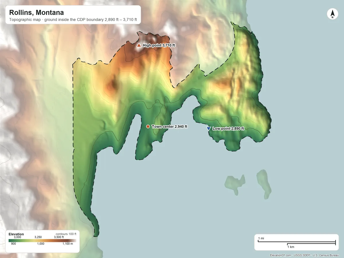 Topographic elevation map of Rollins, Montana, shaded from 2,890 ft on the east side to 3,710 ft on the north side
