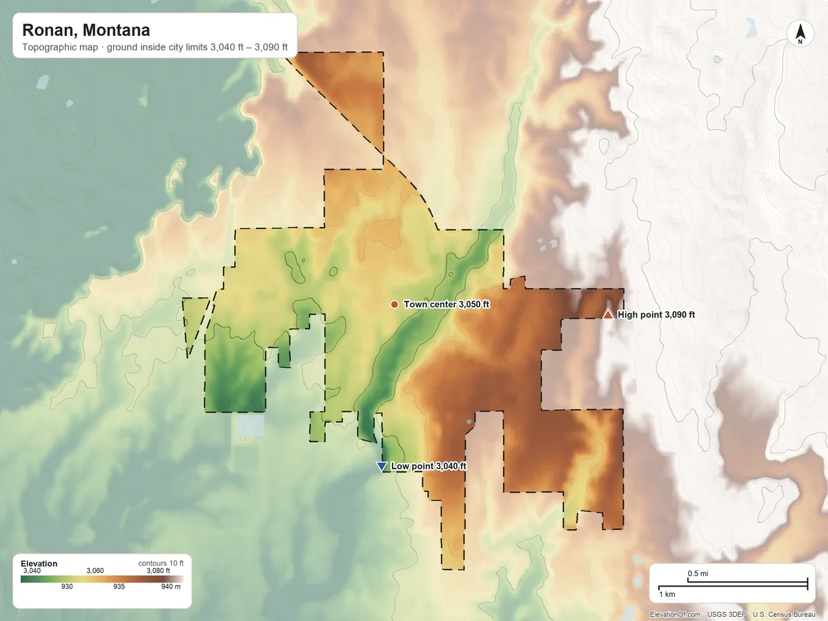 Topographic elevation map of Ronan, Montana, shaded from 3,040 ft on the south side to 3,090 ft on the east side