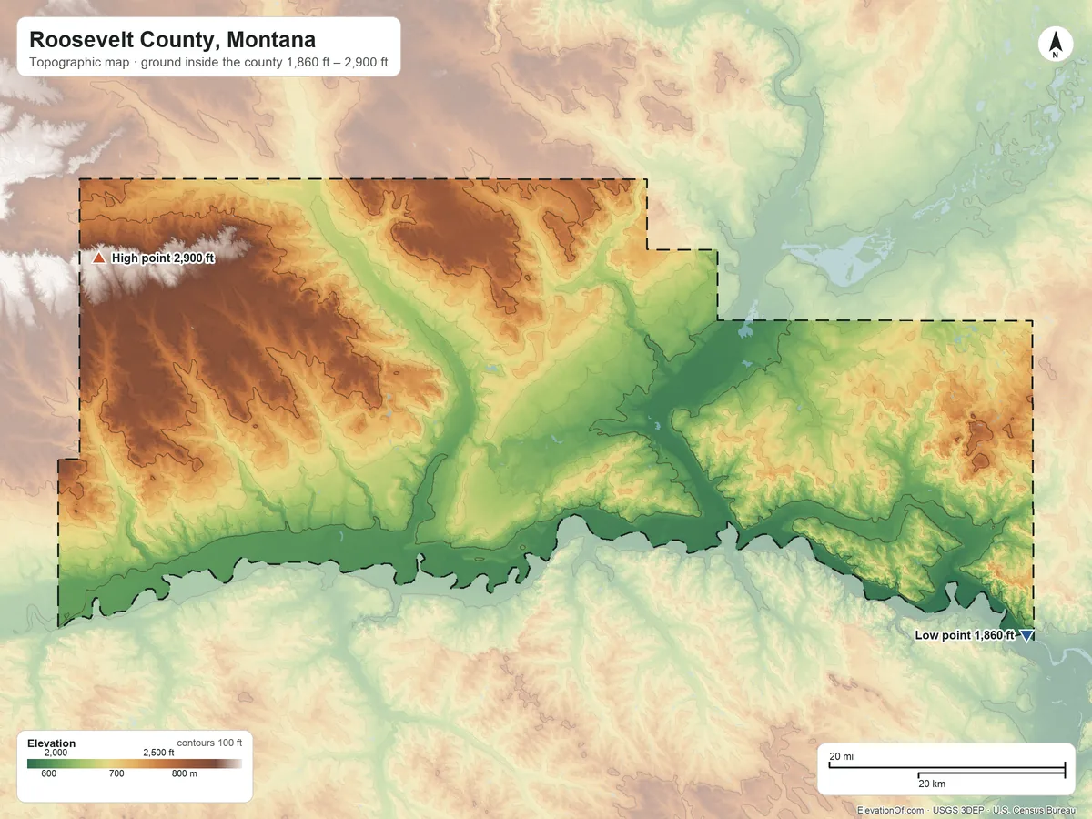 Topographic elevation map of Roosevelt County, Montana, shaded from 1,860 ft on the southeast side to 2,900 ft on the west side