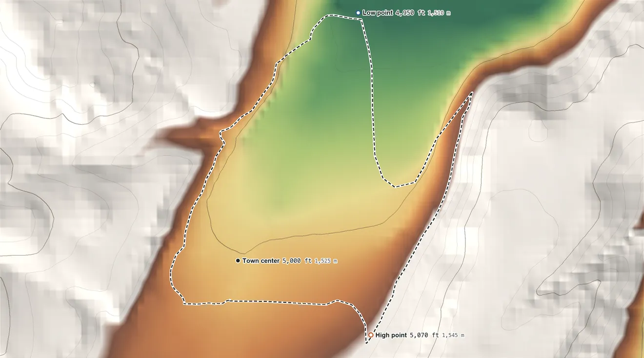 Topographic elevation map of Roscoe, Montana, shaded from 4,950 ft on the northeast side to 5,070 ft on the southeast edge, below higher ground just outside