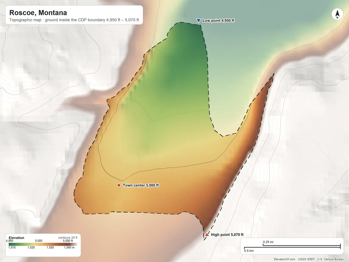 Topographic elevation map of Roscoe, Montana, shaded from 4,950 ft on the northeast side to 5,070 ft on the southeast edge, below higher ground just outside