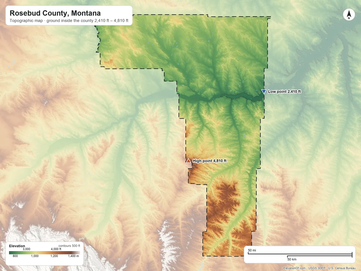 Topographic elevation map of Rosebud County, Montana, shaded from 2,410 ft on the northeast side to 4,810 ft near the middle