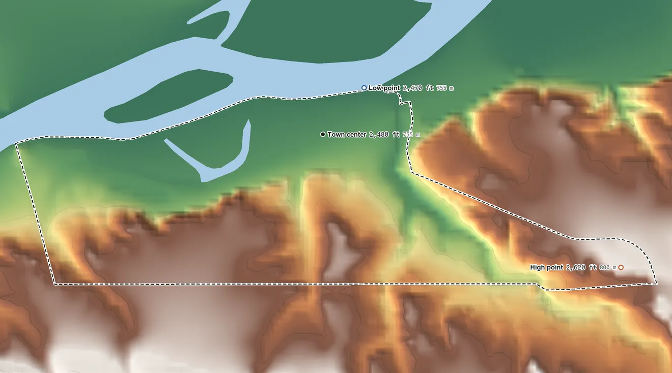 Topographic elevation map of Rosebud, Montana, shaded from 2,470 ft near the middle to 2,620 ft on the southeast side