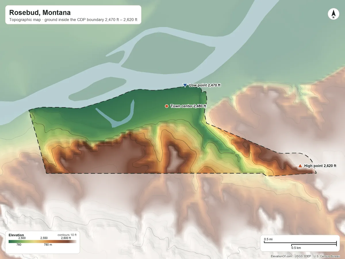 Topographic elevation map of Rosebud, Montana, shaded from 2,470 ft near the middle to 2,620 ft on the southeast side