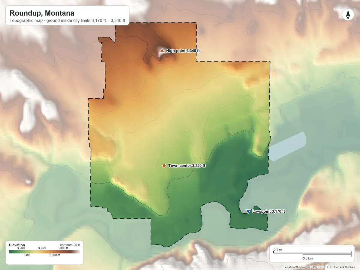 Topographic elevation map of Roundup, Montana, shaded from 3,170 ft on the southeast side to 3,340 ft on the north side