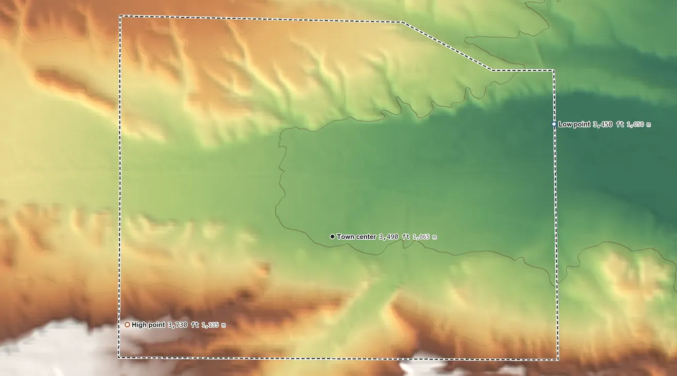 Topographic elevation map of Roy, Montana, shaded from 3,450 ft on the northeast side to 3,730 ft on the southwest side