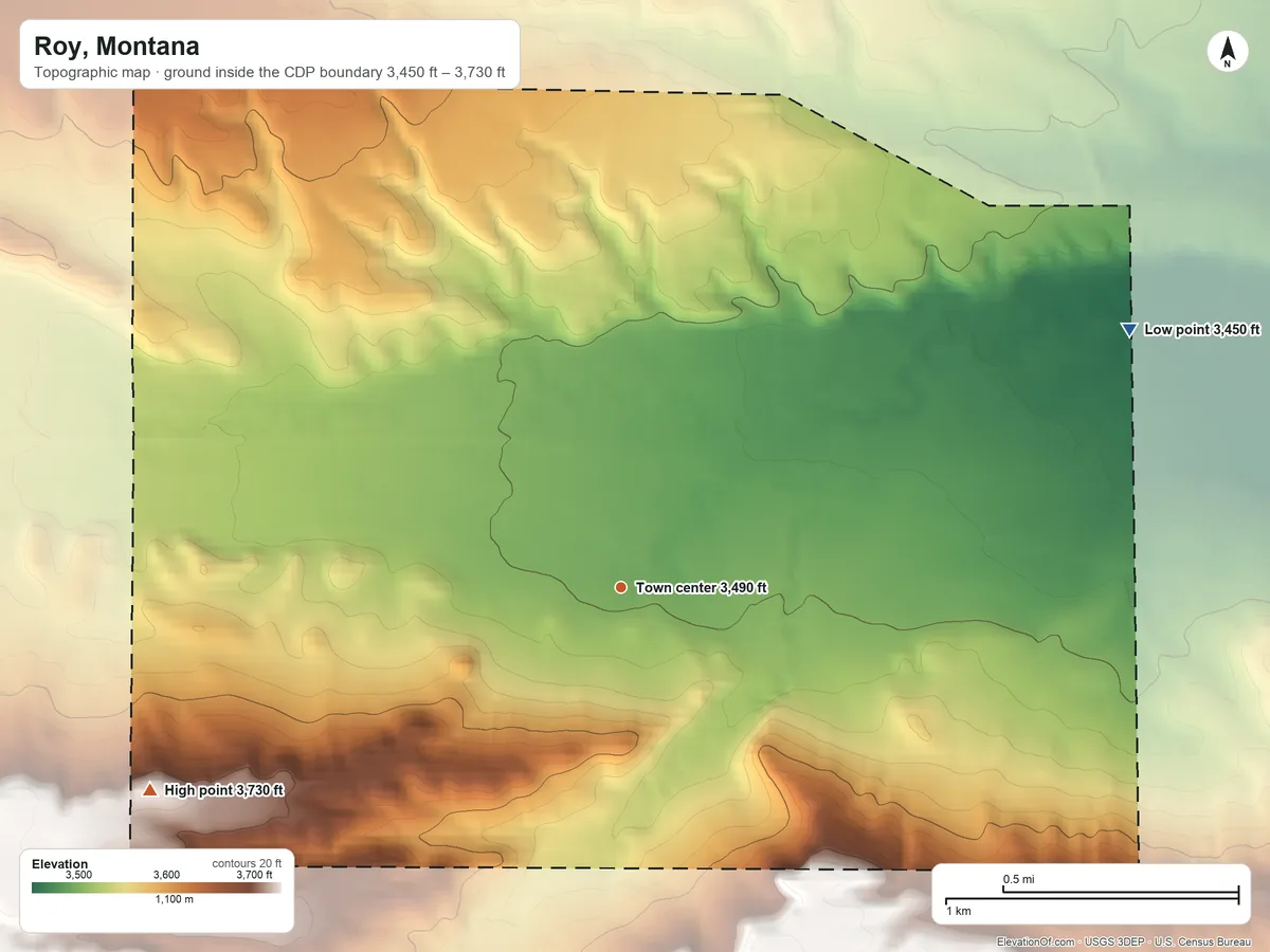 Topographic elevation map of Roy, Montana, shaded from 3,450 ft on the northeast side to 3,730 ft on the southwest side