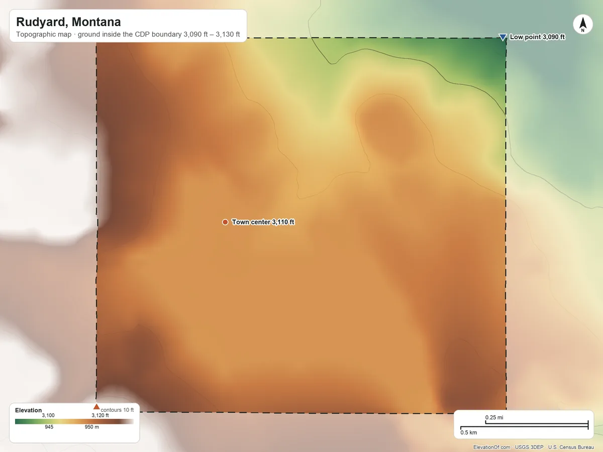 Topographic elevation map of Rudyard, Montana, shaded from 3,090 ft on the northeast side to 3,130 ft on the southwest side
