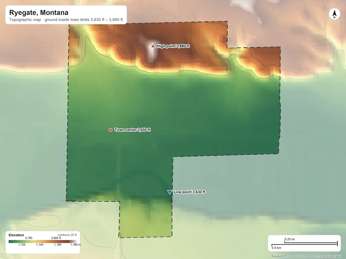 Topographic elevation map of Ryegate, Montana, shaded from 3,630 ft on the southeast side to 3,880 ft on the northeast side