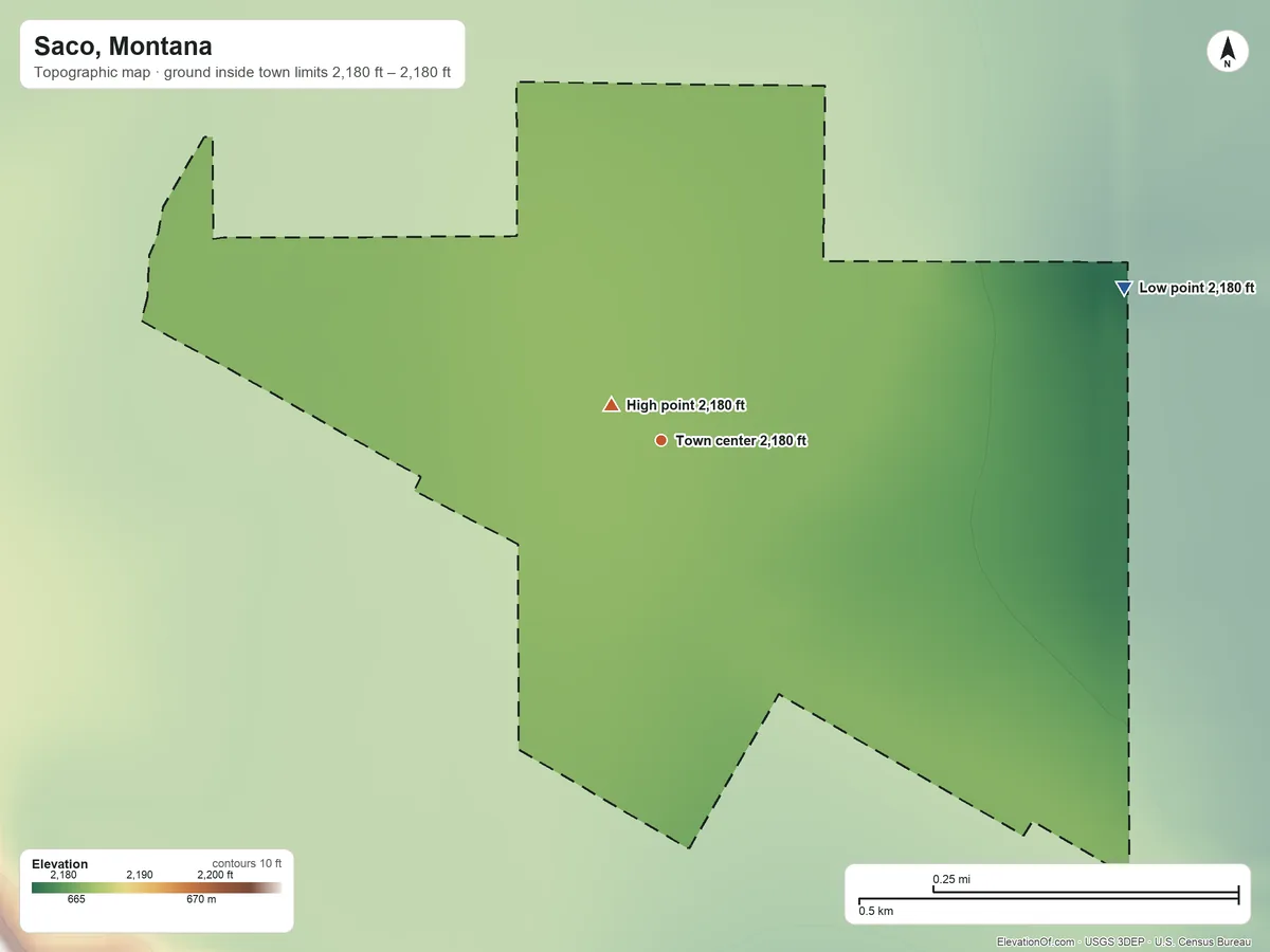 Topographic elevation map of Saco, Montana, shaded from 2,180 ft on the east side to 2,180 ft near the middle