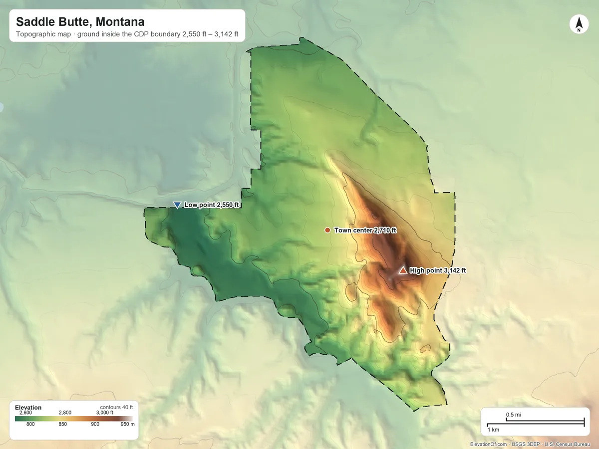 Topographic elevation map of Saddle Butte, Montana, shaded from 2,550 ft on the west side to 3,142 ft on Saddle Butte