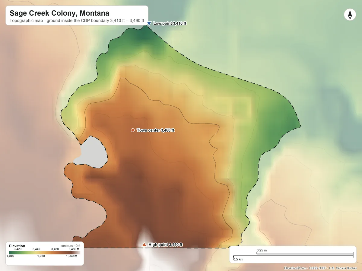 Topographic elevation map of Sage Creek Colony, Montana, shaded from 3,410 ft on the north side to 3,490 ft on the south side