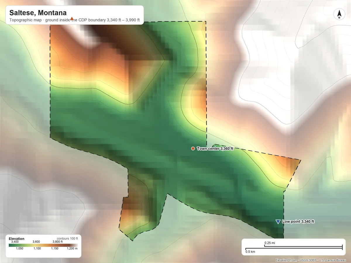Topographic elevation map of Saltese, Montana, shaded from 3,340 ft on the southeast side to 3,990 ft on the northwest edge, below higher ground just outside