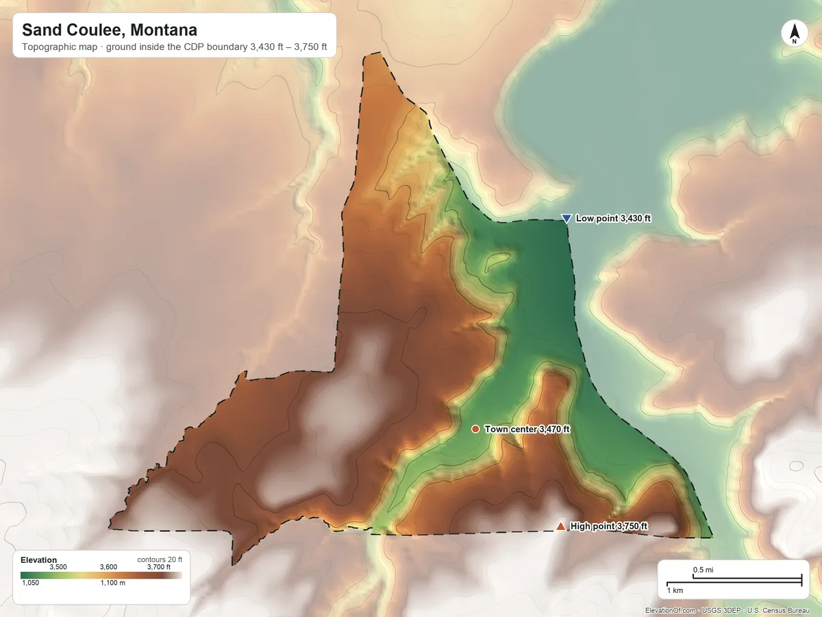 Topographic elevation map of Sand Coulee, Montana, shaded from 3,430 ft on the northeast side to 3,750 ft on the southeast side