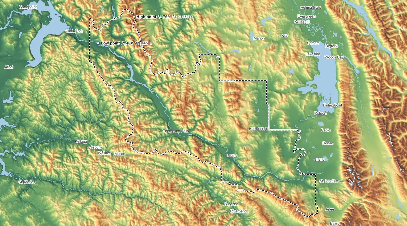 Topographic elevation map of Sanders County, Montana, shaded from 2,170 ft on the northwest side to 8,700 ft on Snowshoe Peak