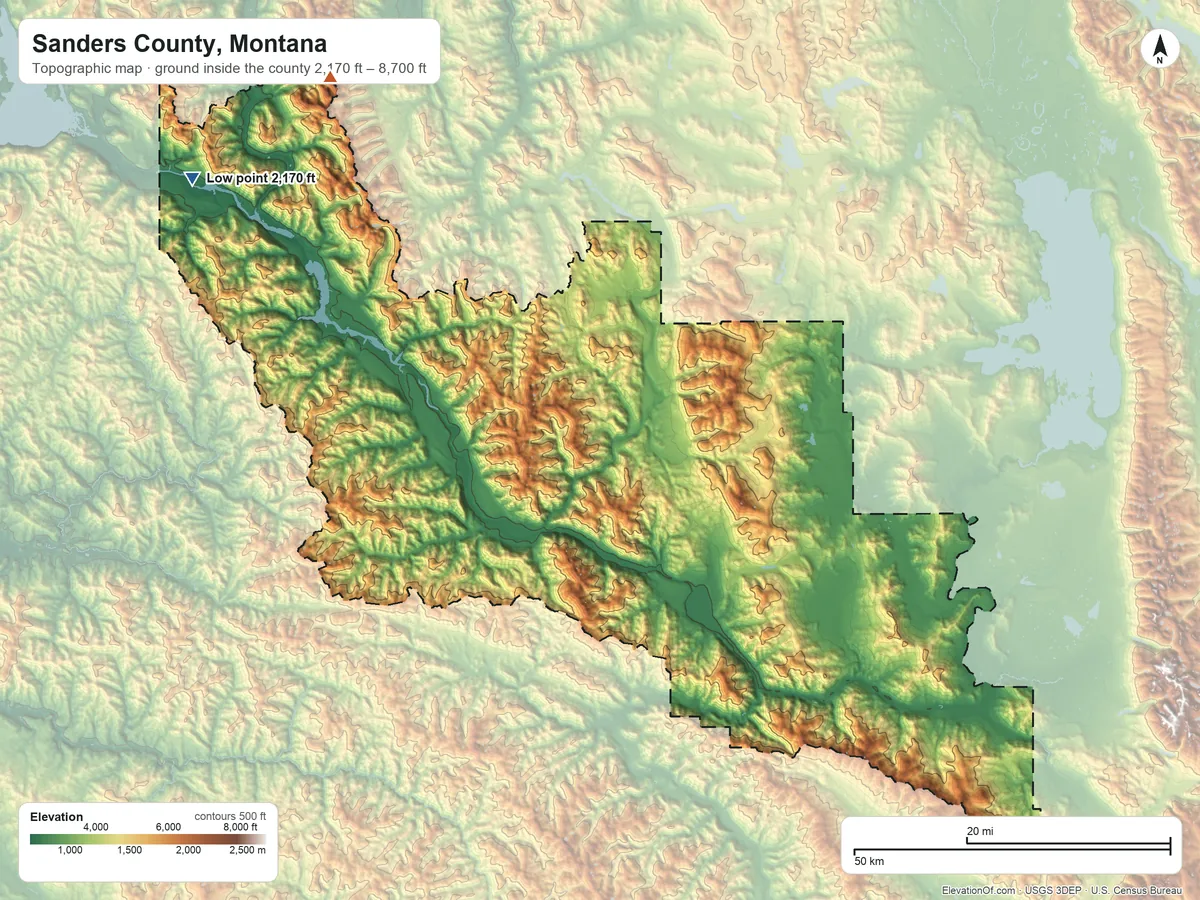 Topographic elevation map of Sanders County, Montana, shaded from 2,170 ft on the northwest side to 8,700 ft on Snowshoe Peak