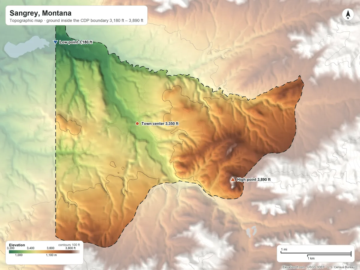 Topographic elevation map of Sangrey, Montana, shaded from 3,180 ft on the northwest side to 3,890 ft at the foot of the Bears Paw Mountains