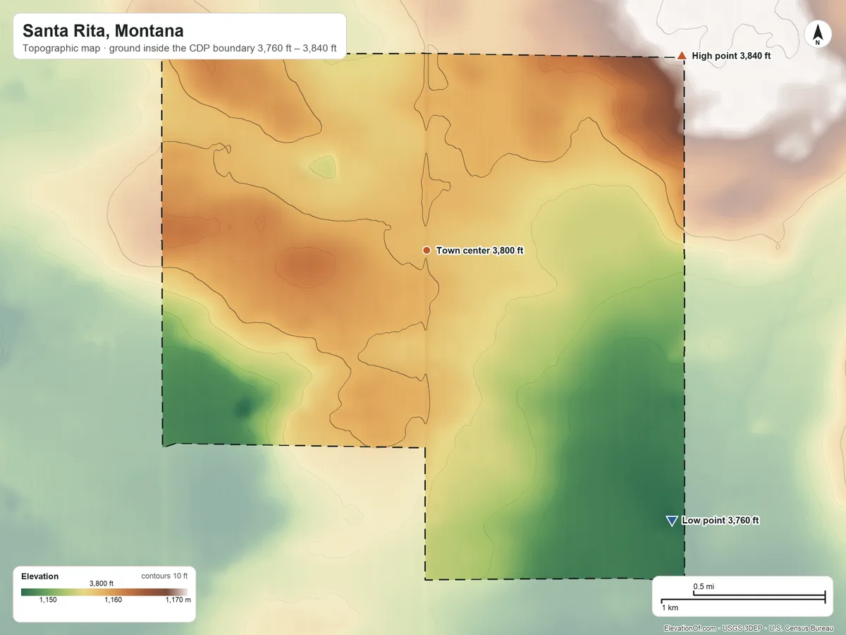 Topographic elevation map of Santa Rita, Montana, shaded from 3,760 ft on the southeast side to 3,840 ft on the northeast side