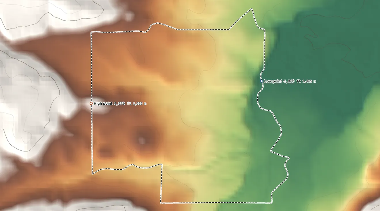 Topographic elevation map of Sapphire Ridge, Montana, shaded from 4,810 ft on the east side to 4,970 ft on the west edge, below higher ground just outside