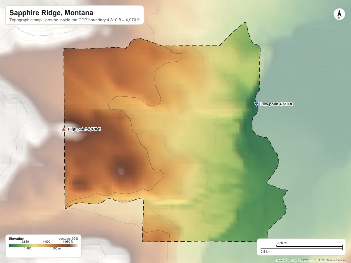 Topographic elevation map of Sapphire Ridge, Montana, shaded from 4,810 ft on the east side to 4,970 ft on the west edge, below higher ground just outside