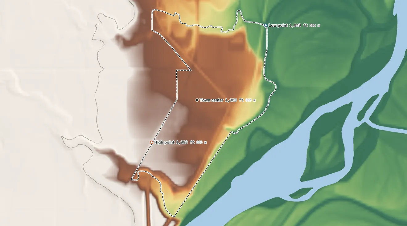Topographic elevation map of Savage, Montana, shaded from 1,940 ft on the northeast side to 1,990 ft on the southwest side