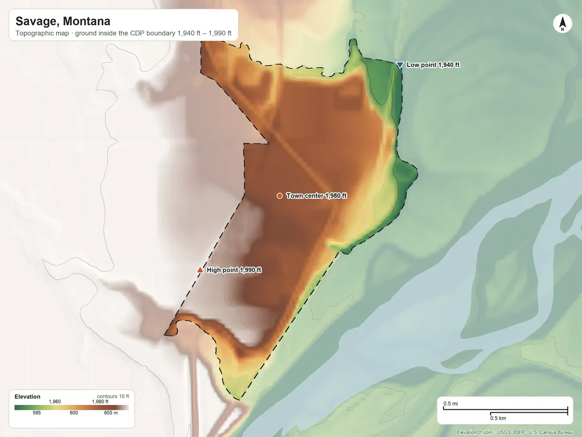 Topographic elevation map of Savage, Montana, shaded from 1,940 ft on the northeast side to 1,990 ft on the southwest side