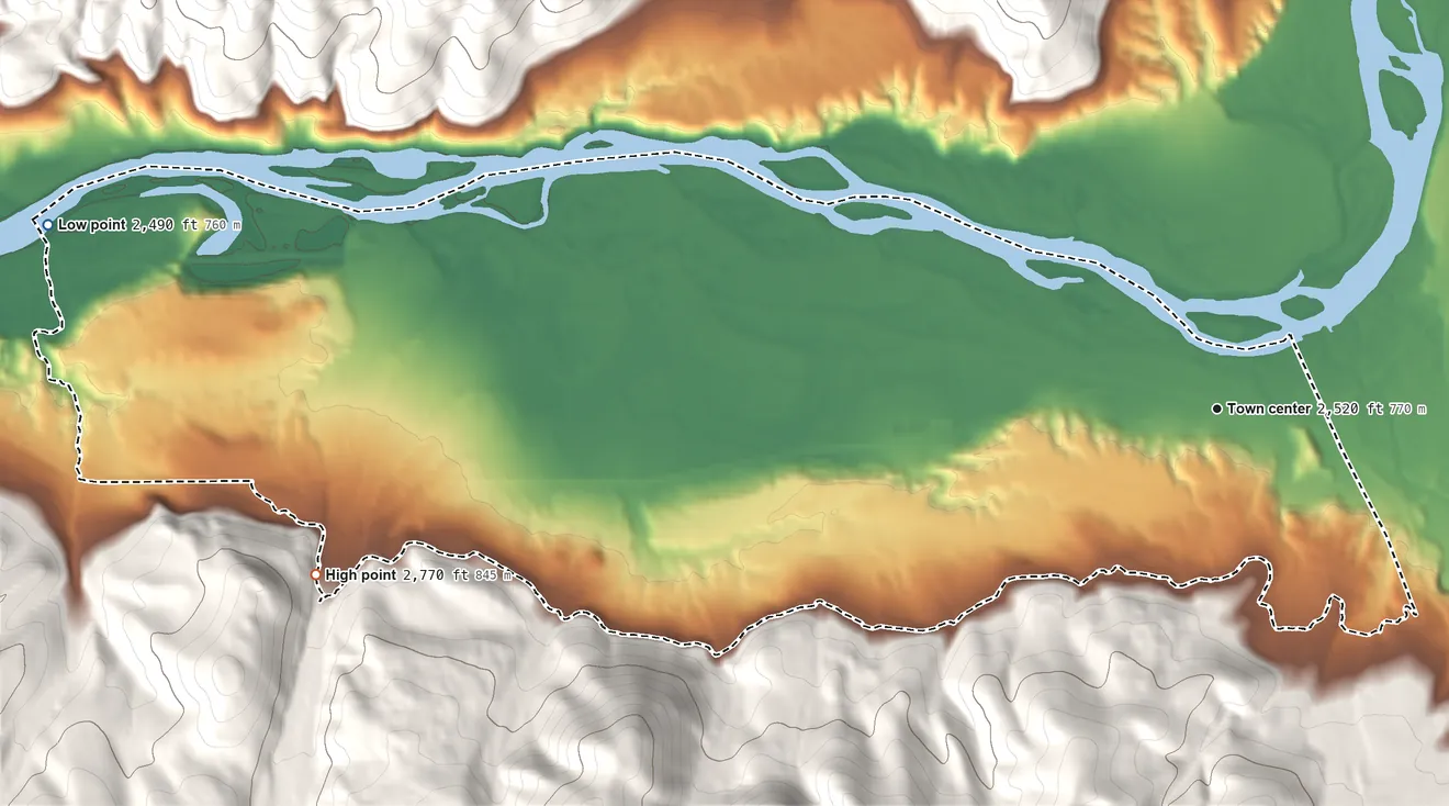 Topographic elevation map of Sčilíp, Montana, shaded from 2,490 ft on the west side to 2,770 ft on the west edge, below higher ground just outside