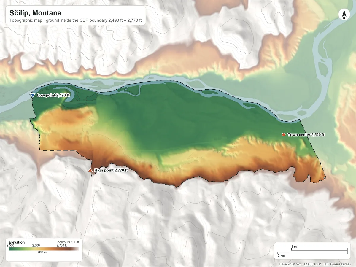 Topographic elevation map of Sčilíp, Montana, shaded from 2,490 ft on the west side to 2,770 ft on the west edge, below higher ground just outside