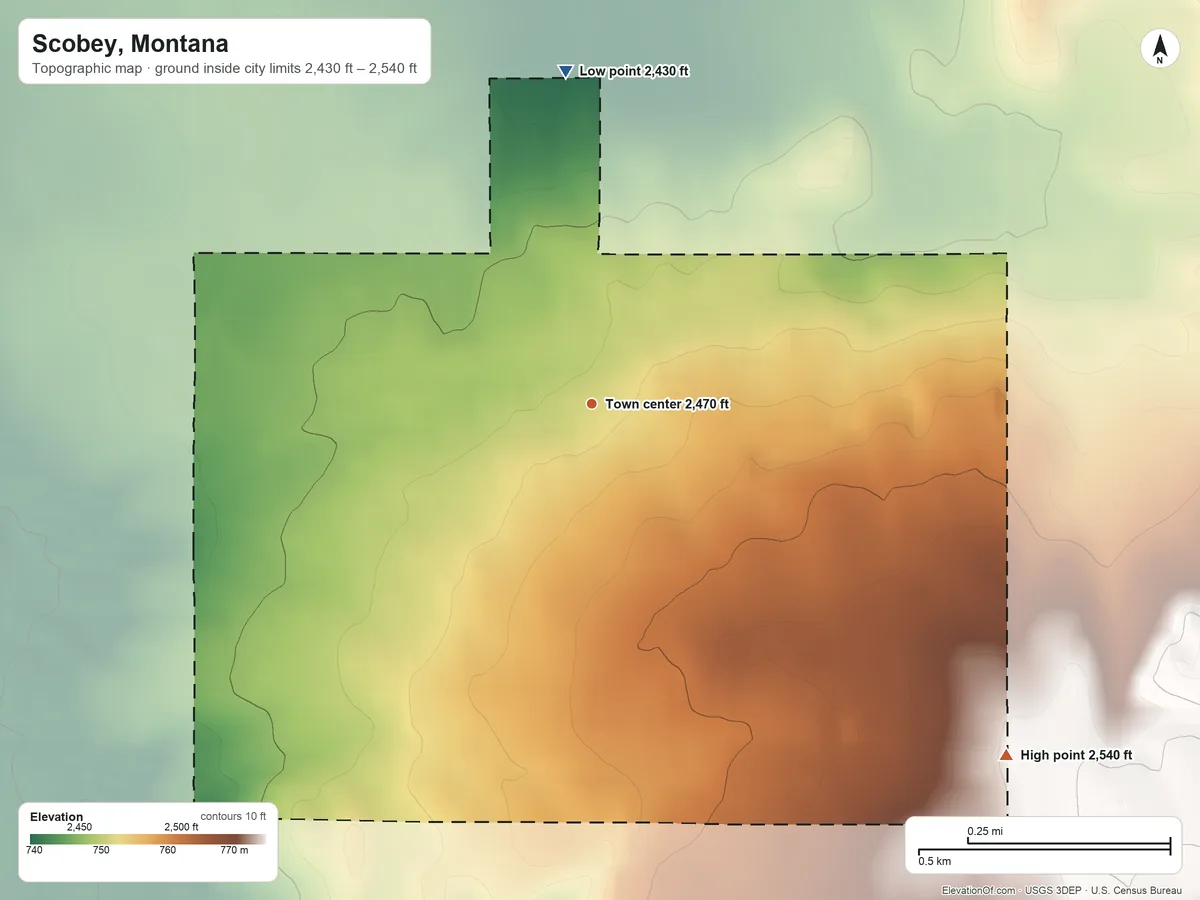 Topographic elevation map of Scobey, Montana, shaded from 2,430 ft on the north side to 2,540 ft on the southeast side
