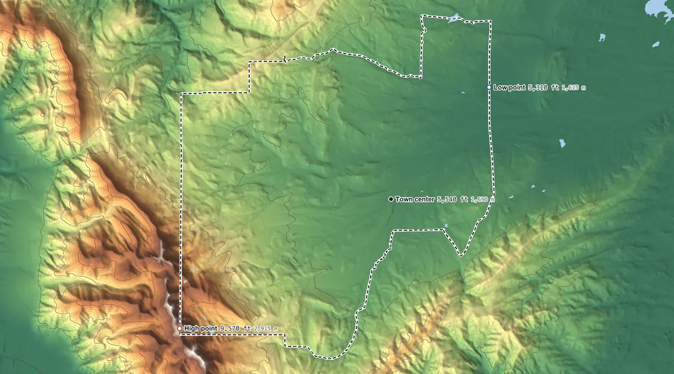 Topographic elevation map of Sedan, Montana, shaded from 5,310 ft on the northeast side to 9,570 ft on Pomp Peak