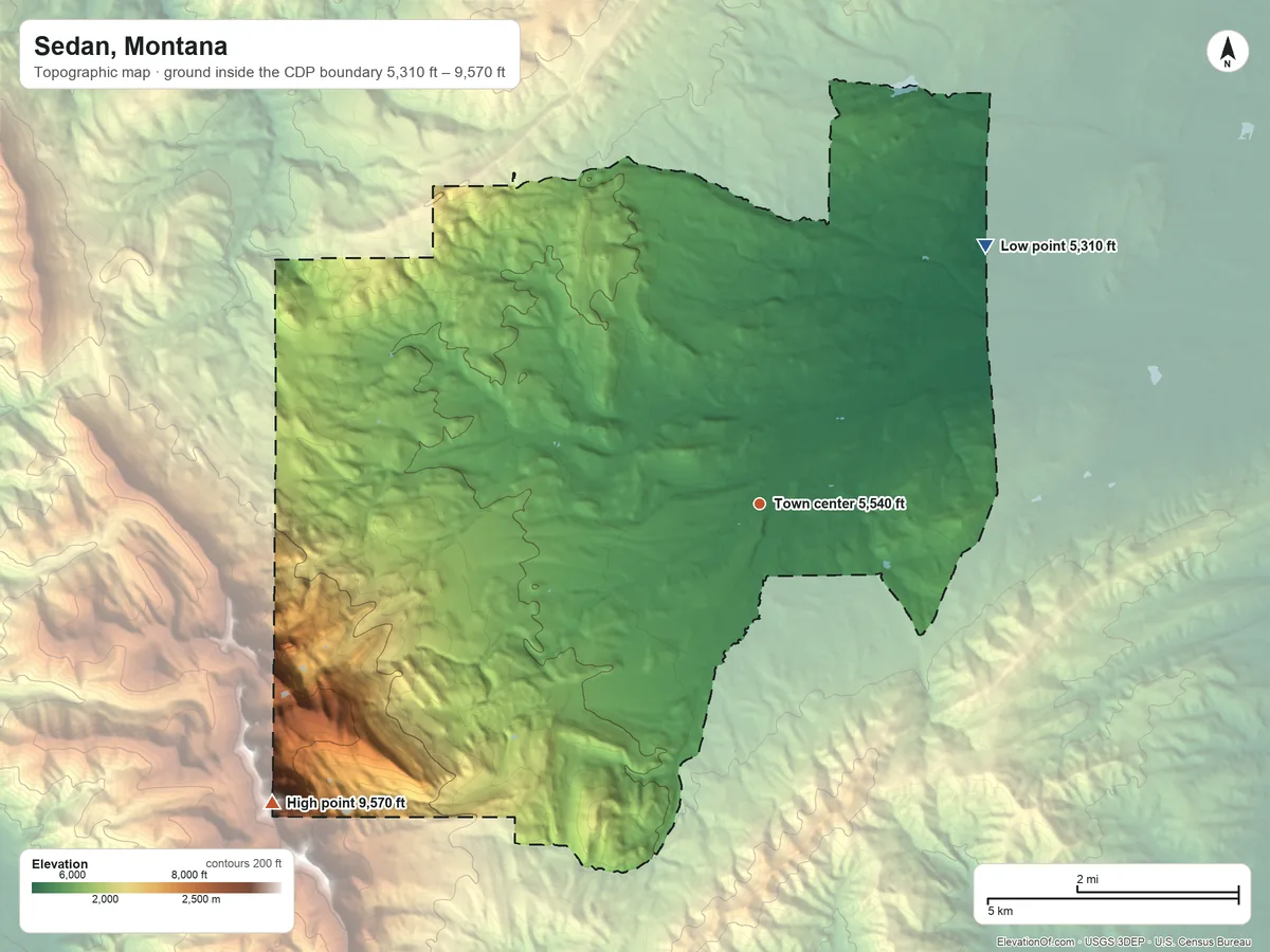 Topographic elevation map of Sedan, Montana, shaded from 5,310 ft on the northeast side to 9,570 ft on Pomp Peak