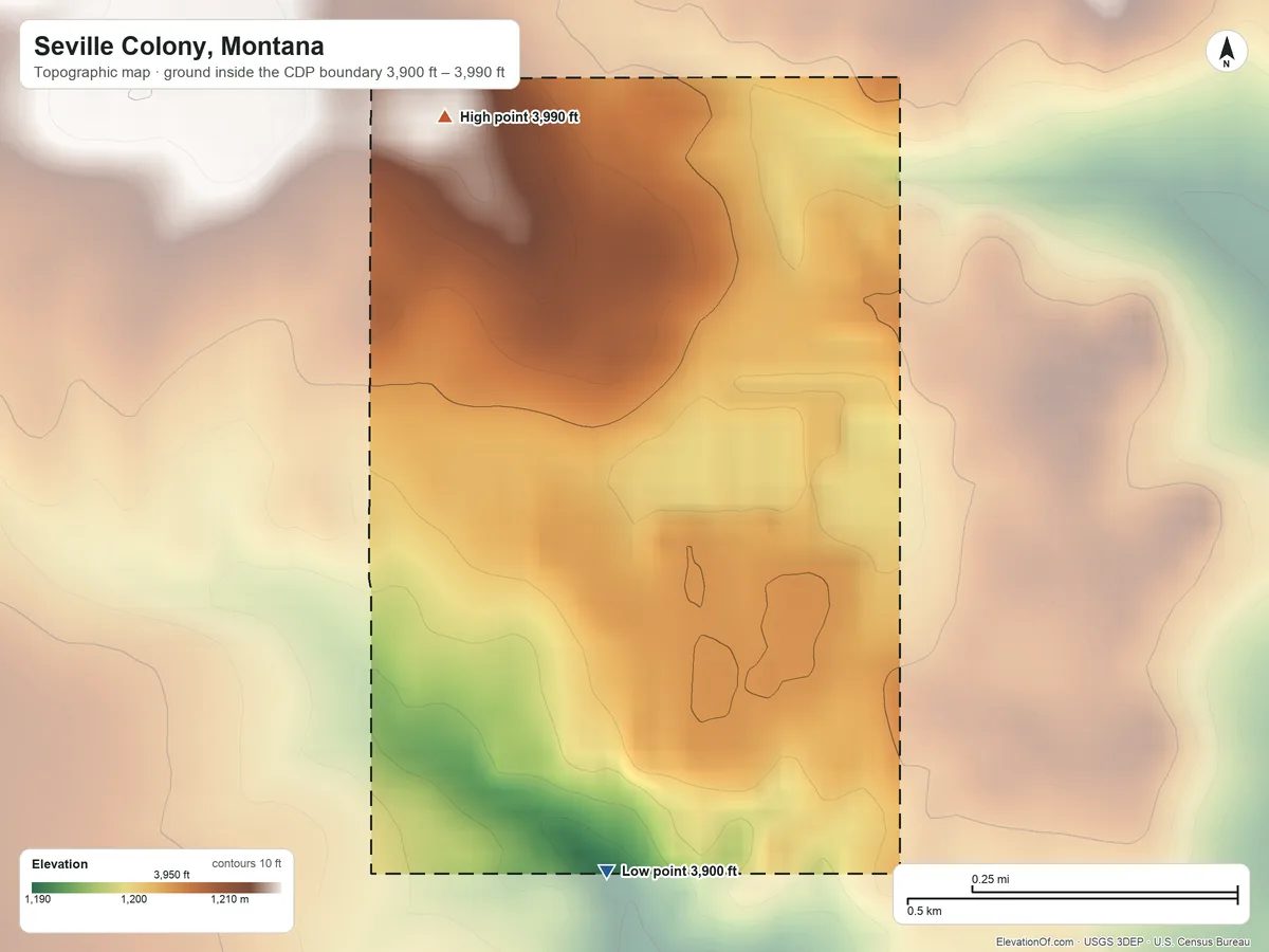 Topographic elevation map of Seville Colony, Montana, shaded from 3,900 ft on the south side to 3,990 ft on the northwest side