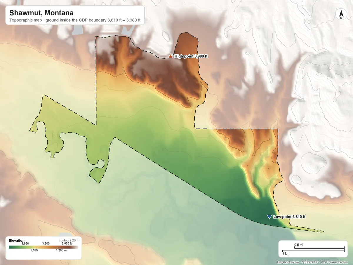 Topographic elevation map of Shawmut, Montana, shaded from 3,810 ft on the southeast side to 3,980 ft on the northeast side