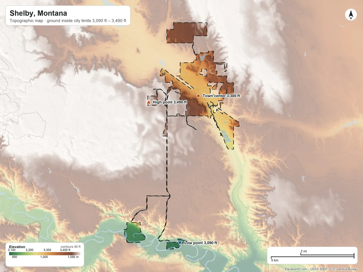 Topographic elevation map of Shelby, Montana, shaded from 3,090 ft on the south side to 3,490 ft on the west side