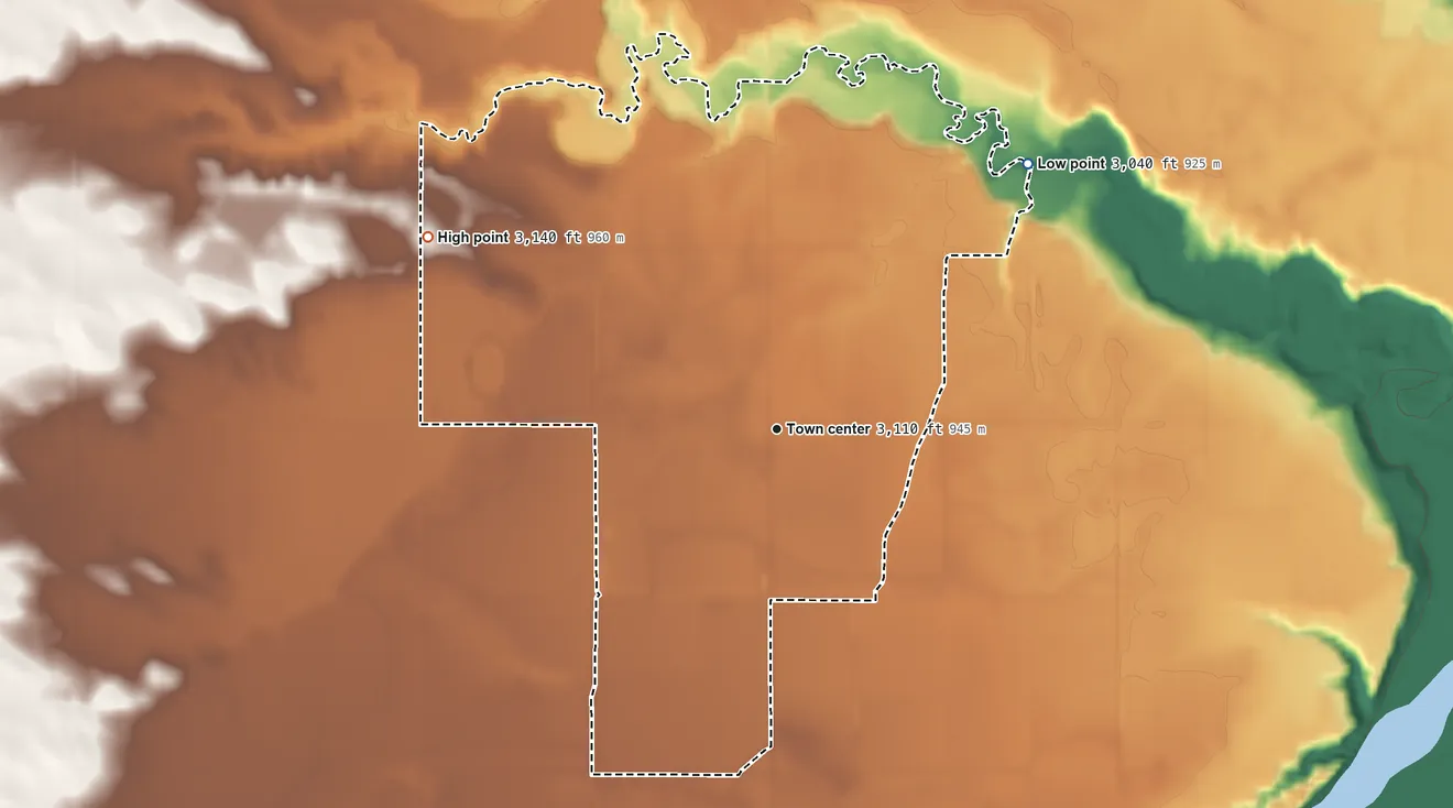Topographic elevation map of Shepherd, Montana, shaded from 3,040 ft on the northeast side to 3,140 ft on the northwest side