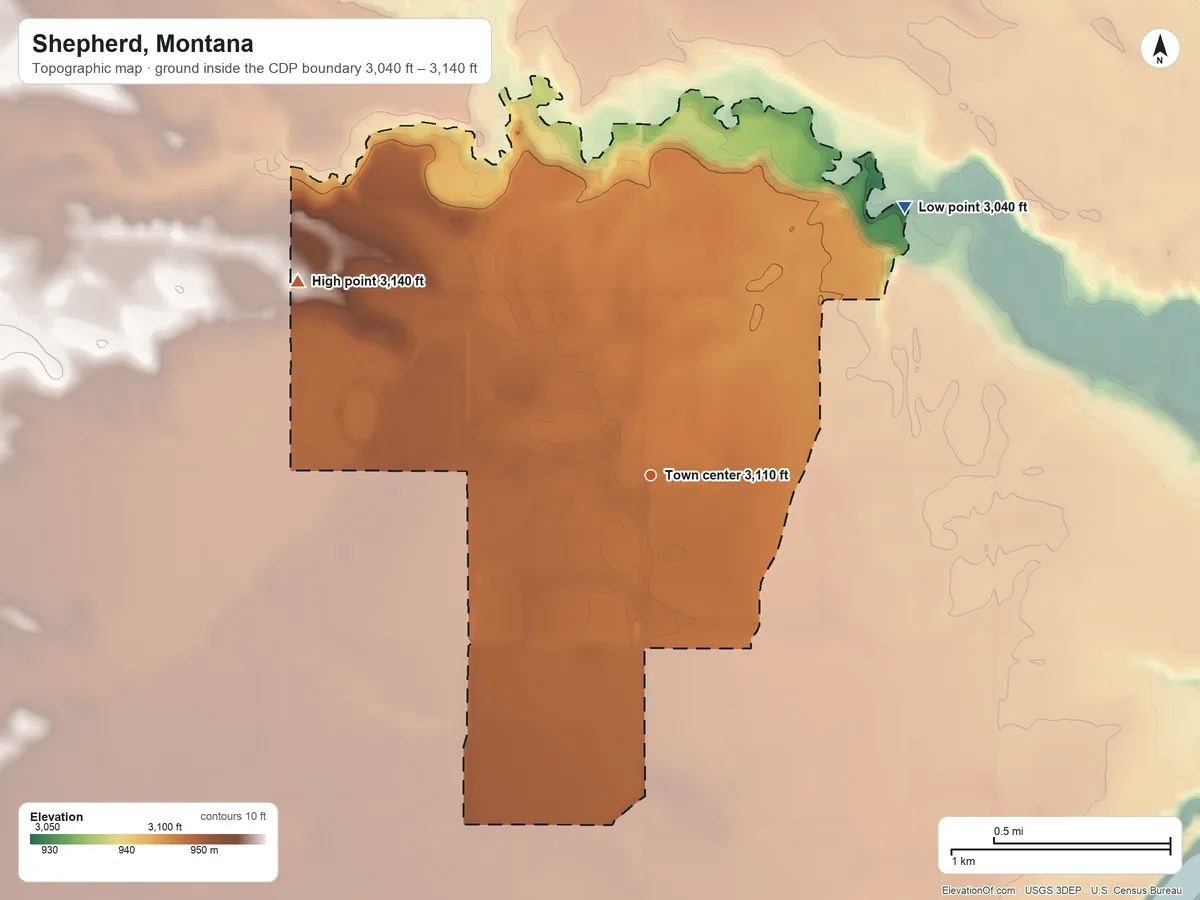 Topographic elevation map of Shepherd, Montana, shaded from 3,040 ft on the northeast side to 3,140 ft on the northwest side