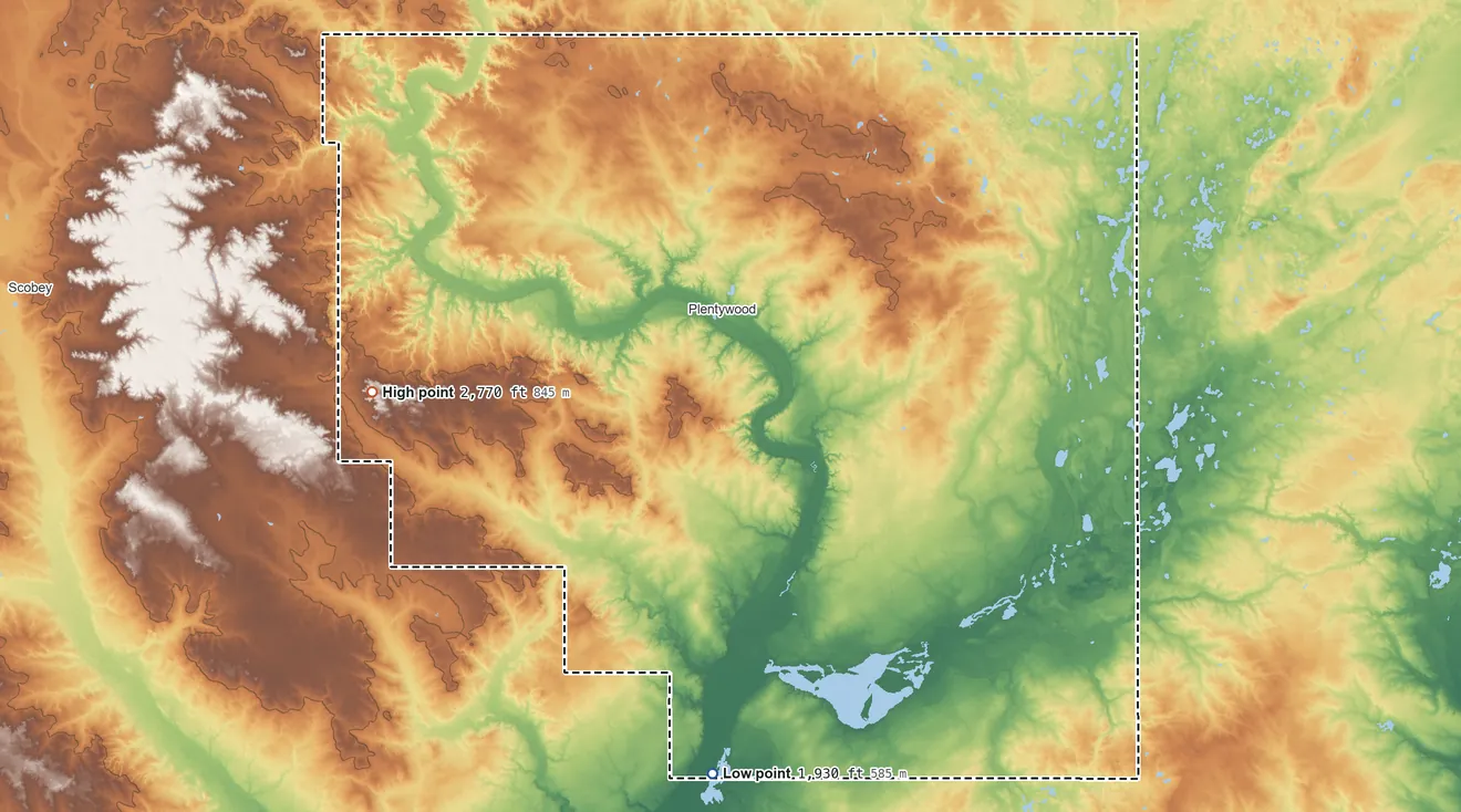 Topographic elevation map of Sheridan County, Montana, shaded from 1,930 ft on the south side to 2,770 ft on the west side