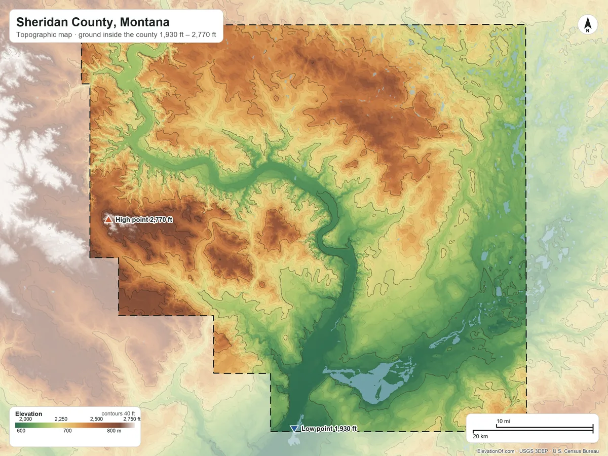 Topographic elevation map of Sheridan County, Montana, shaded from 1,930 ft on the south side to 2,770 ft on the west side