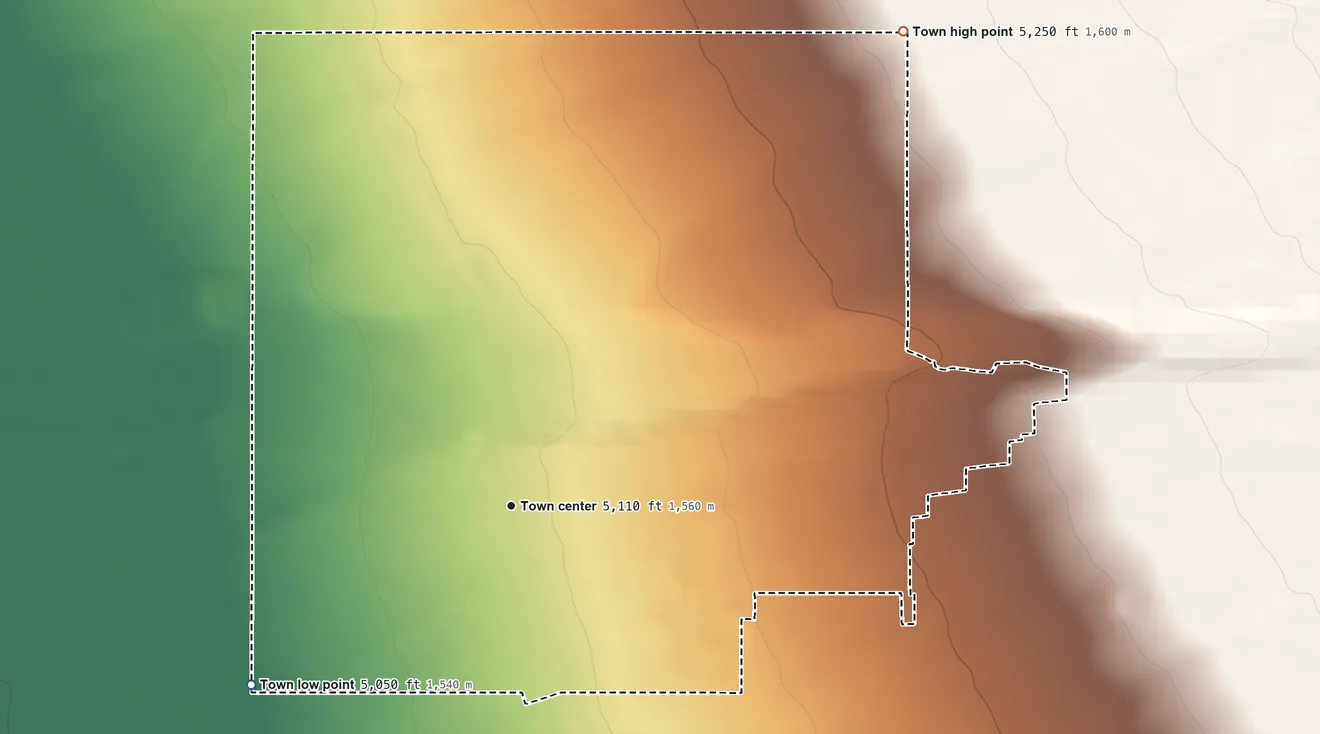 Topographic elevation map of Sheridan, Montana, shaded from 5,050 ft on the southwest side to 5,250 ft at the foot of the Tobacco Root Mountains
