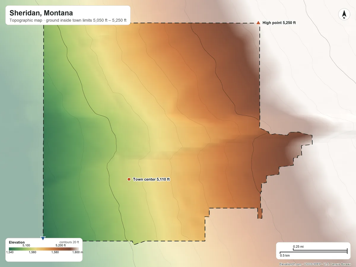 Topographic elevation map of Sheridan, Montana, shaded from 5,050 ft on the southwest side to 5,250 ft at the foot of the Tobacco Root Mountains
