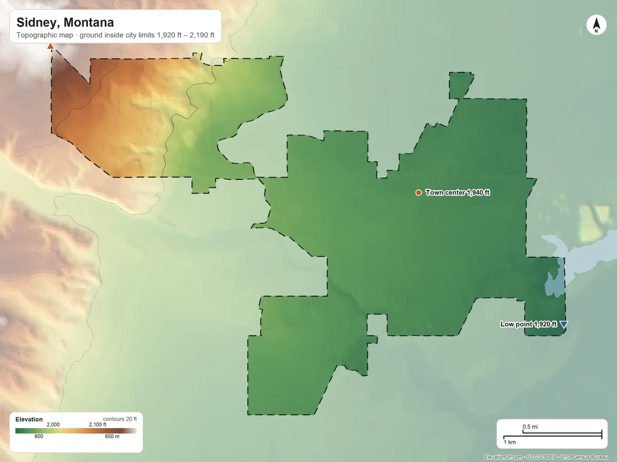 Topographic elevation map of Sidney, Montana, shaded from 1,920 ft on the southeast side to 2,190 ft on the west side
