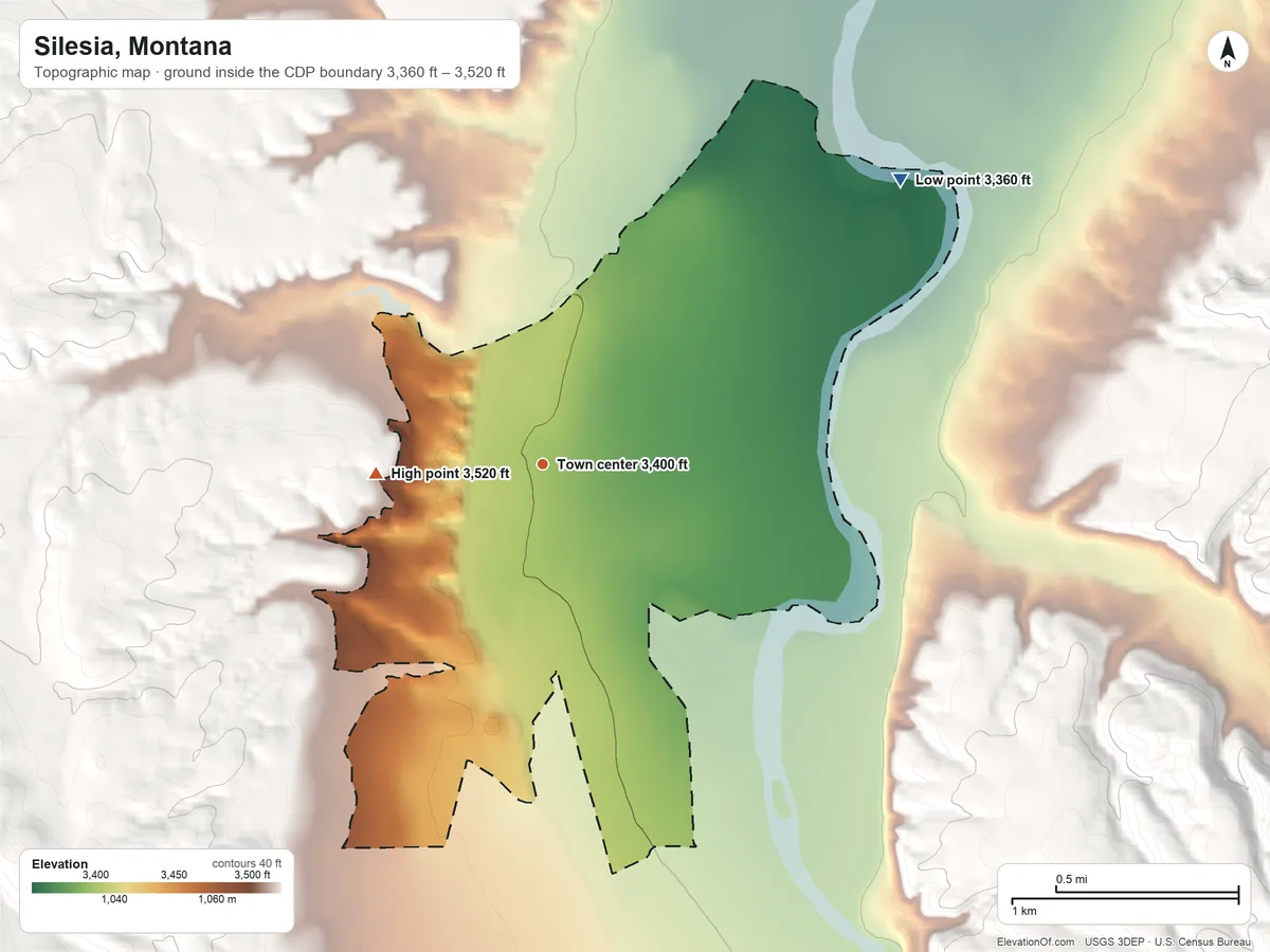 Topographic elevation map of Silesia, Montana, shaded from 3,360 ft on the northeast side to 3,520 ft on the west side