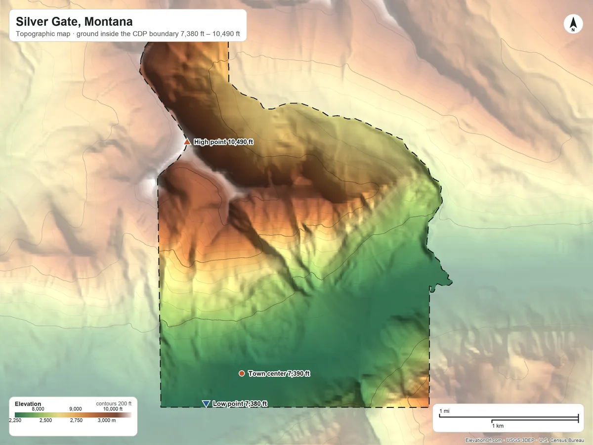 Topographic elevation map of Silver Gate, Montana, shaded from 7,380 ft near the middle to 10,490 ft on Mineral Mountain