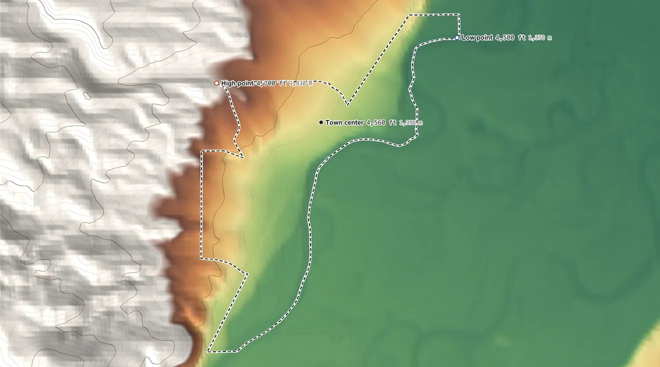 Topographic elevation map of Silver Star, Montana, shaded from 4,500 ft on the northeast side to 4,700 ft at the foot of the Highland Mountains