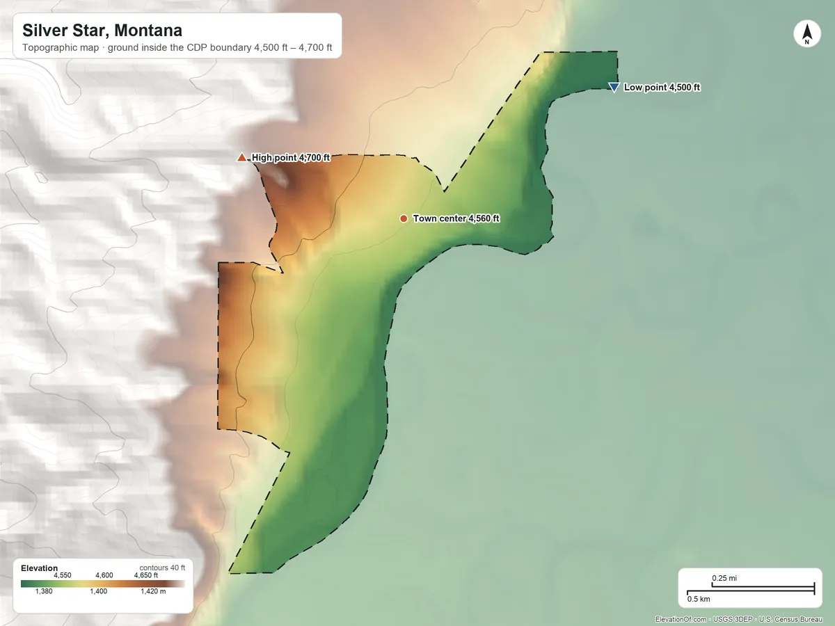 Topographic elevation map of Silver Star, Montana, shaded from 4,500 ft on the northeast side to 4,700 ft at the foot of the Highland Mountains