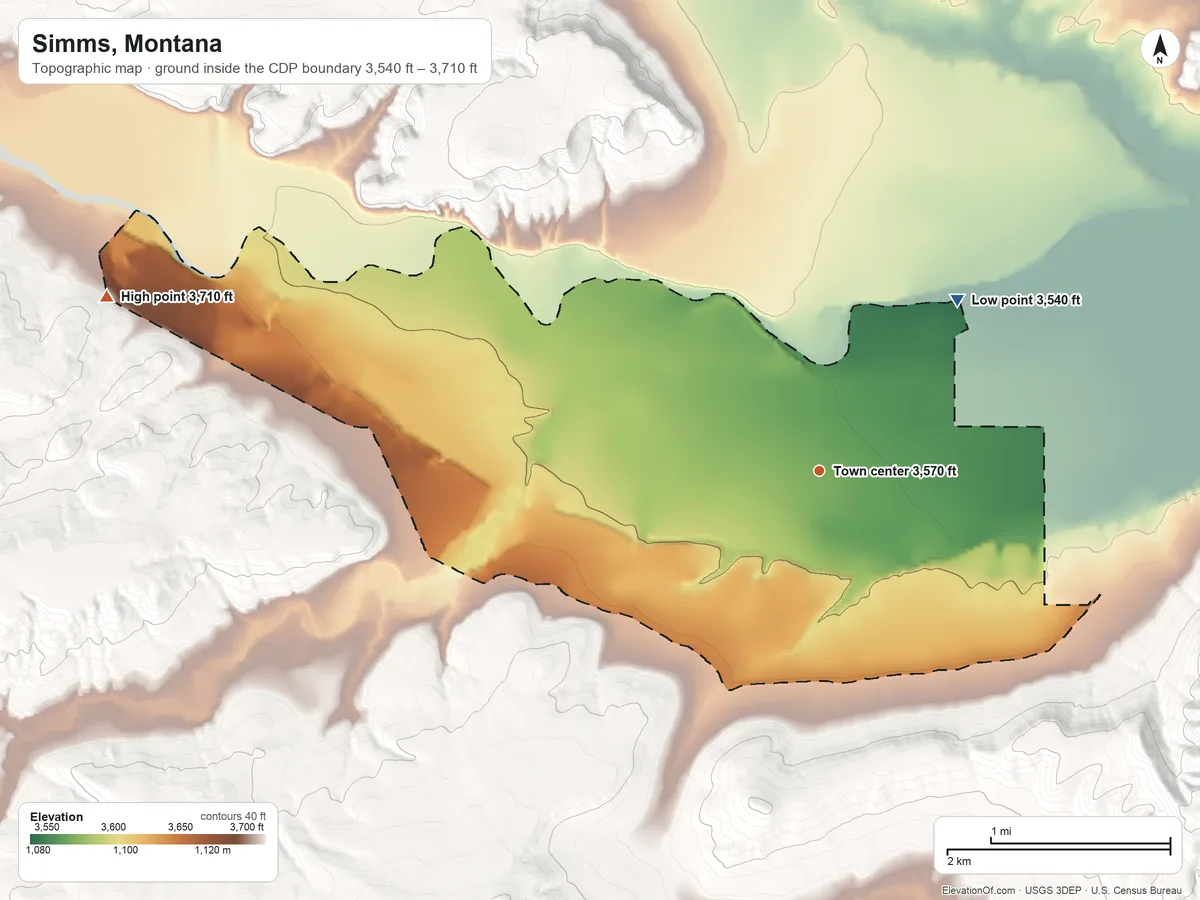Topographic elevation map of Simms, Montana, shaded from 3,540 ft on the northeast side to 3,710 ft on the west side