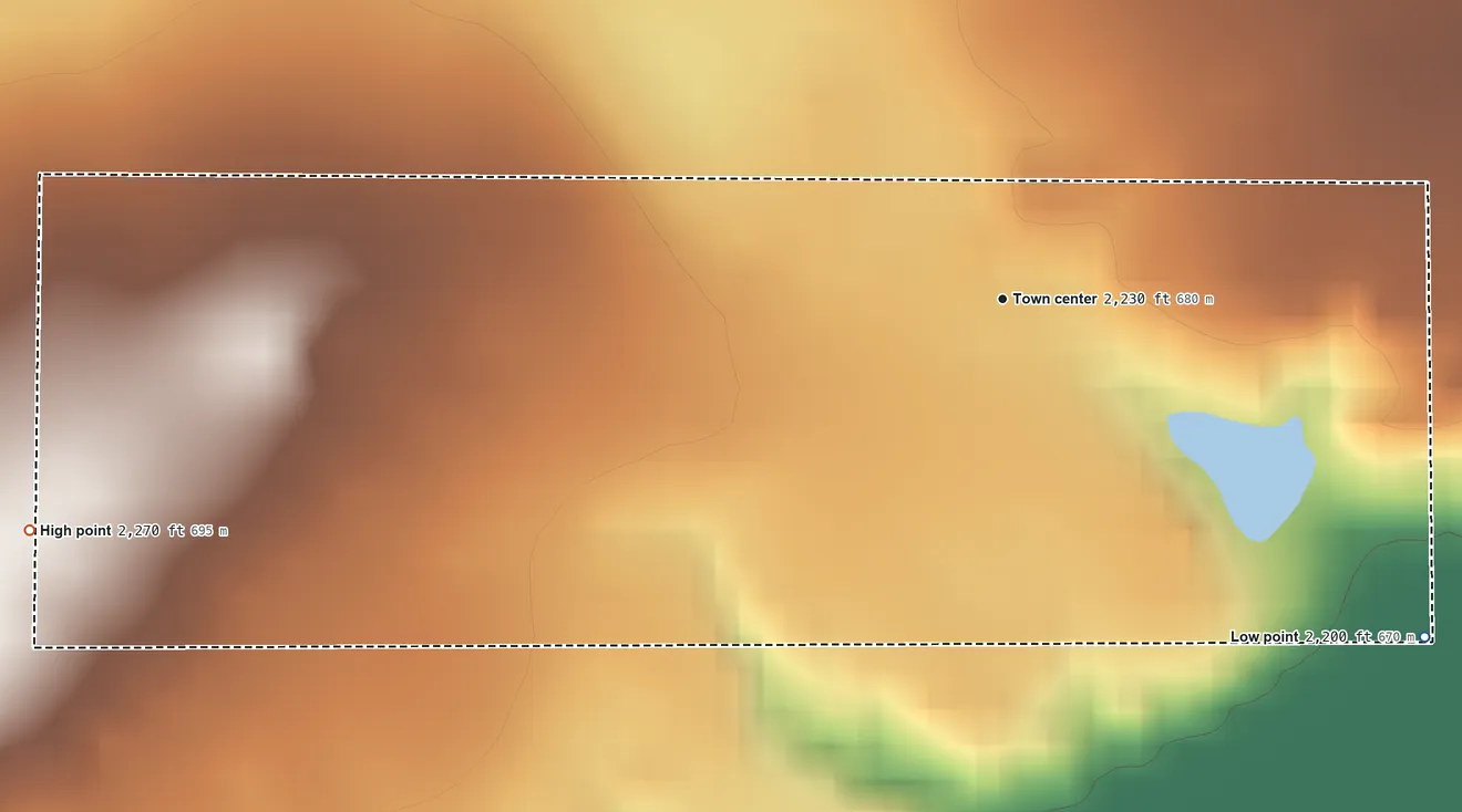 Topographic elevation map of Sleeping Buffalo, Montana, shaded from 2,200 ft on the southeast side to 2,270 ft on the west side